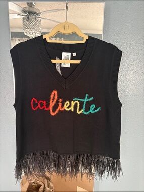QUEEN OF SPARKLES Black Sleeveless 'caliente' Sweater Vest with Fringe